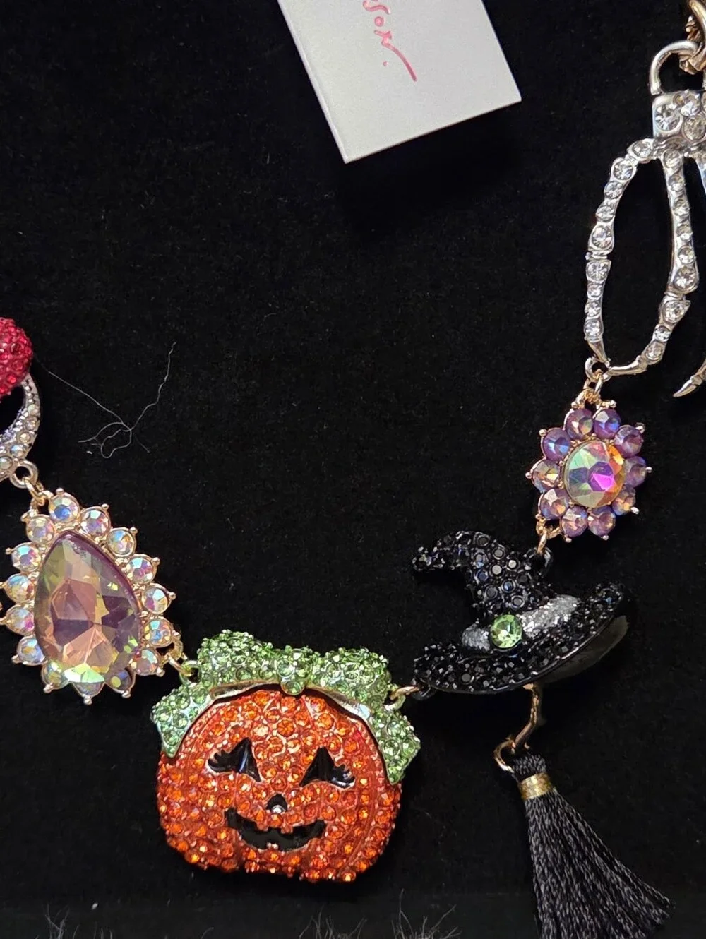Betsey Johnson Halloween Pumpkin Witch Hat Moon Heart  Rhinestone Necklace NWT